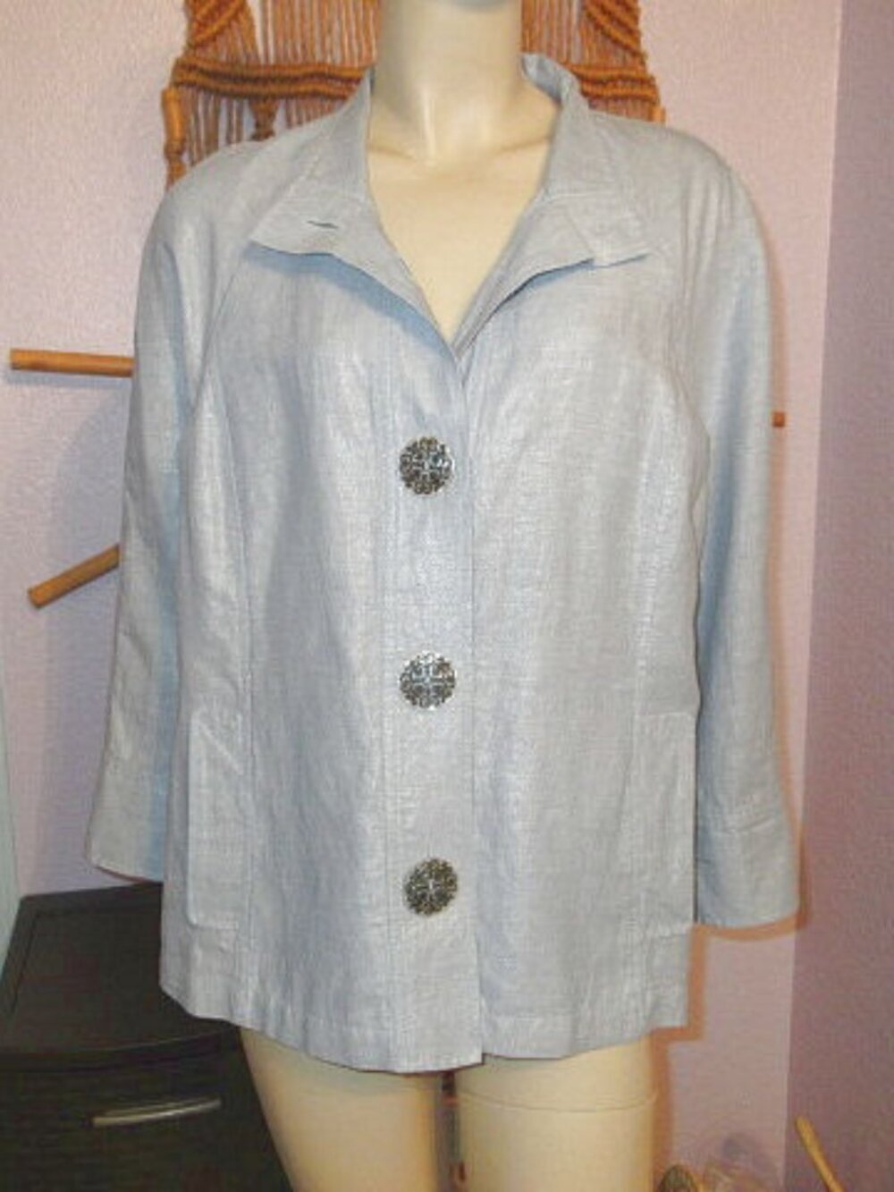 Chico's Novelty Shine Novella Jacket Size 2 L Boxy Art Buttons Pockets Linen Bln
